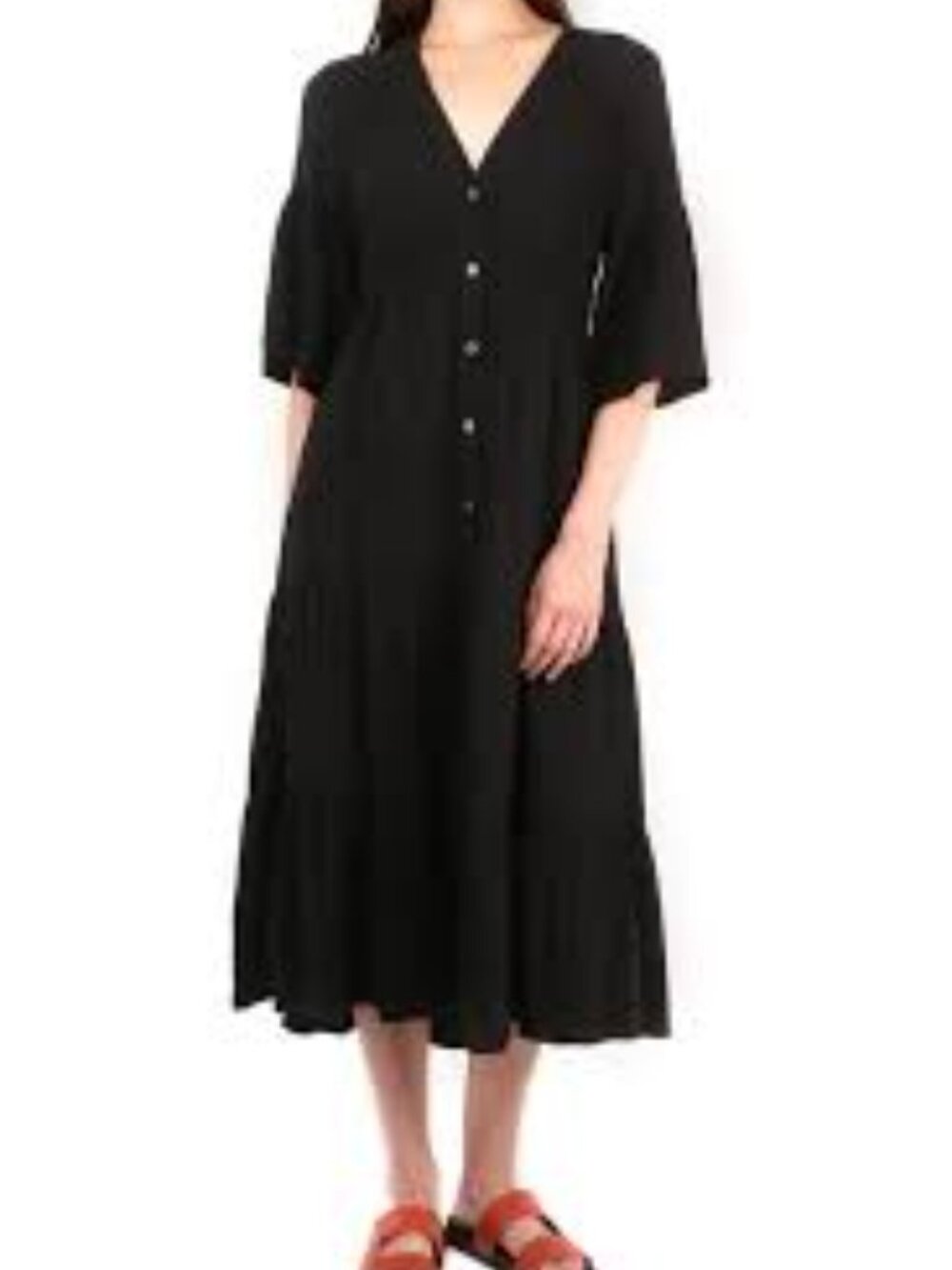 XiRENA Black Button-Front Tiered V-Neck Tunic Dress